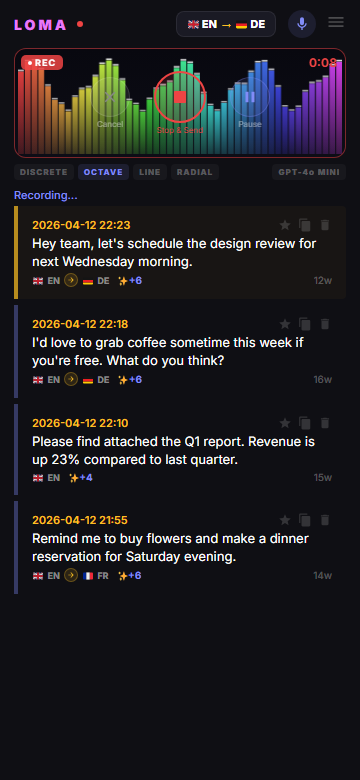 LOMA Android App — Voice to Text with AI Enhance, Recording, Translation, Smart Variants